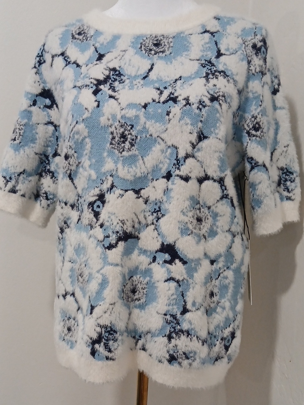 Rachel Zoe Blue and White Floral Knit Sweater Top